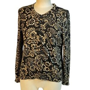 Talbots Black Gold Metallic Floral Paisley Cotton Blend Cardigan Sweater Sz L